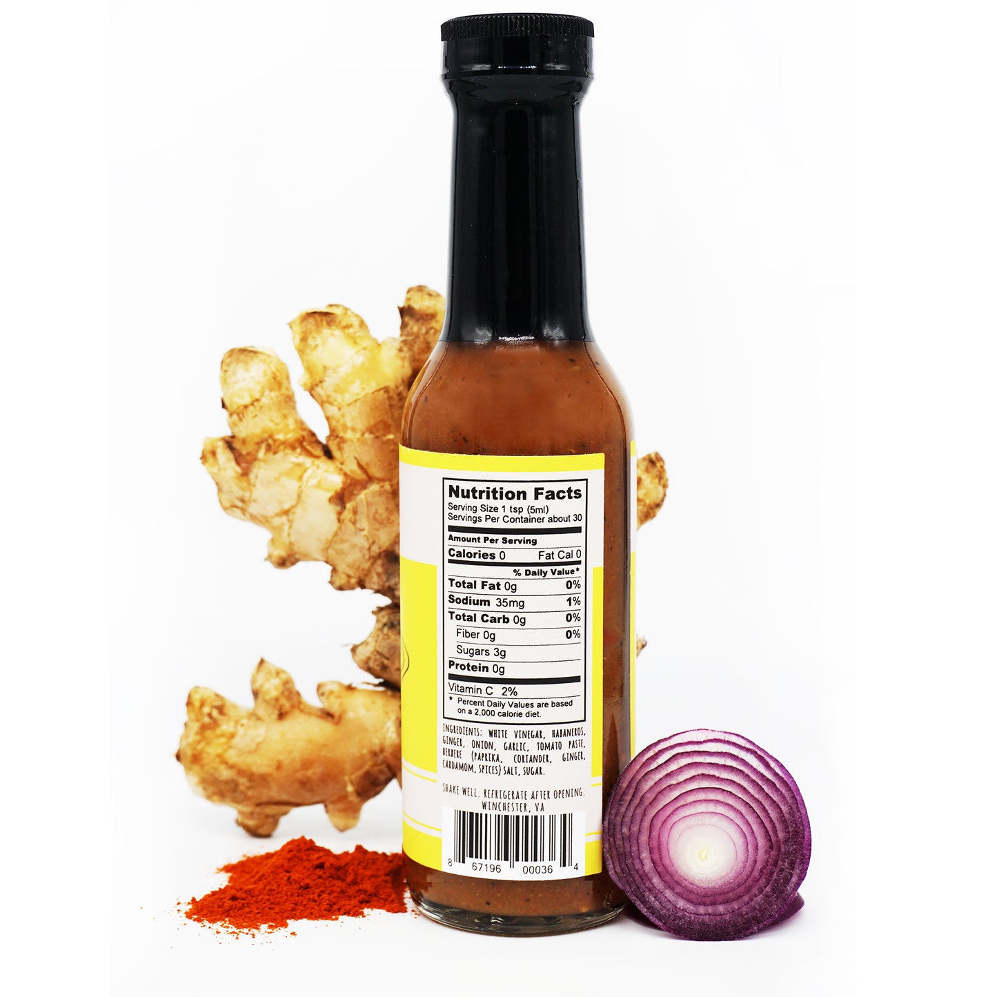 ETHIOPIA nutrition facts 0g total fat 35mg sodium 0g total carb 0g fiber 3g sugars 0g protein white vinegar habaneros ginger onion garlic tomato paste berbere (paprika coriander ginger cardamom spices) salt sugar