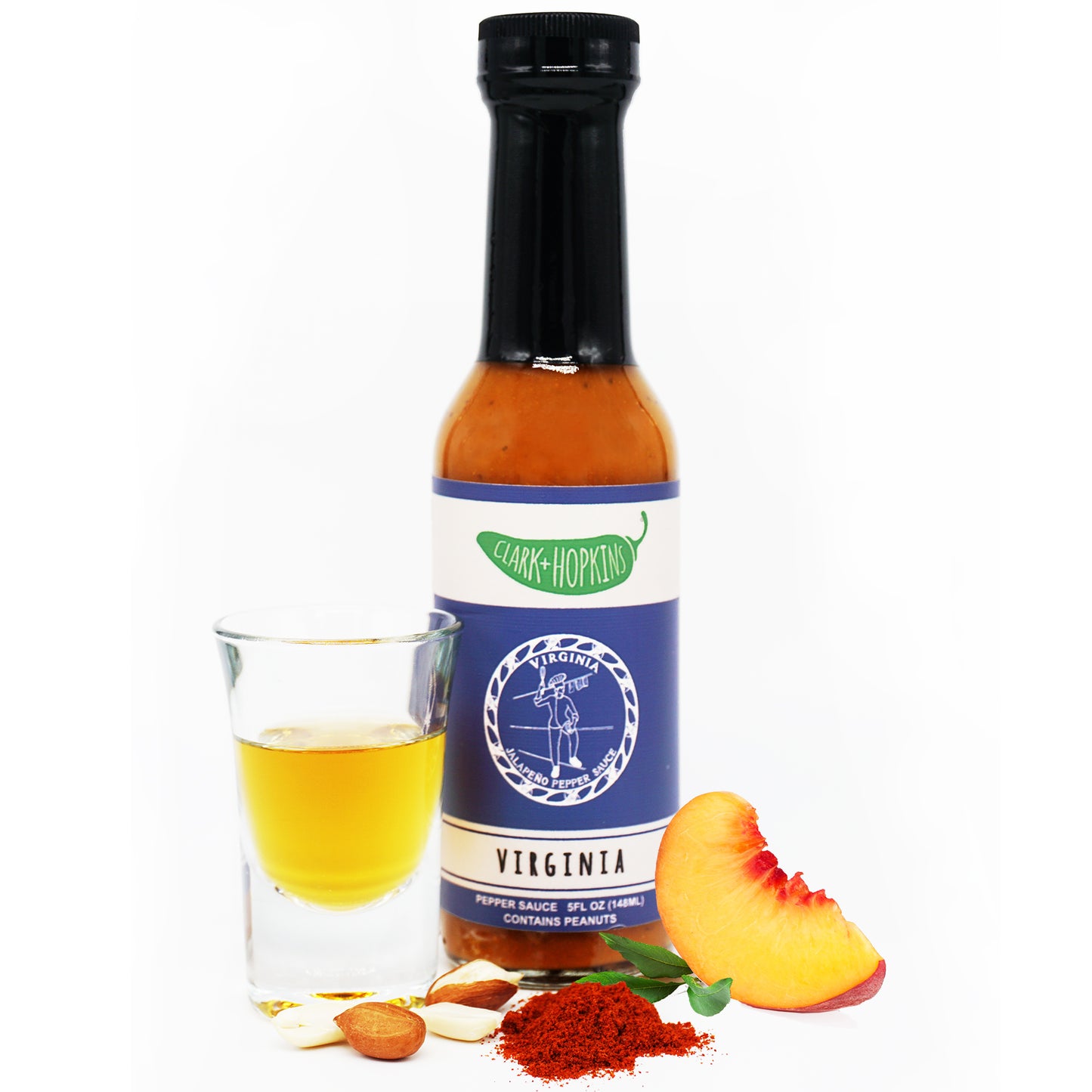 VIRGINIA front bottle shot glass whiskey peach peanuts paprika