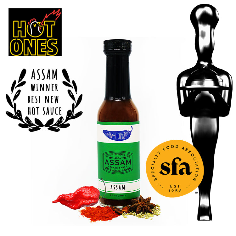 assam product with sofi award hot ones logo specialty food association logo